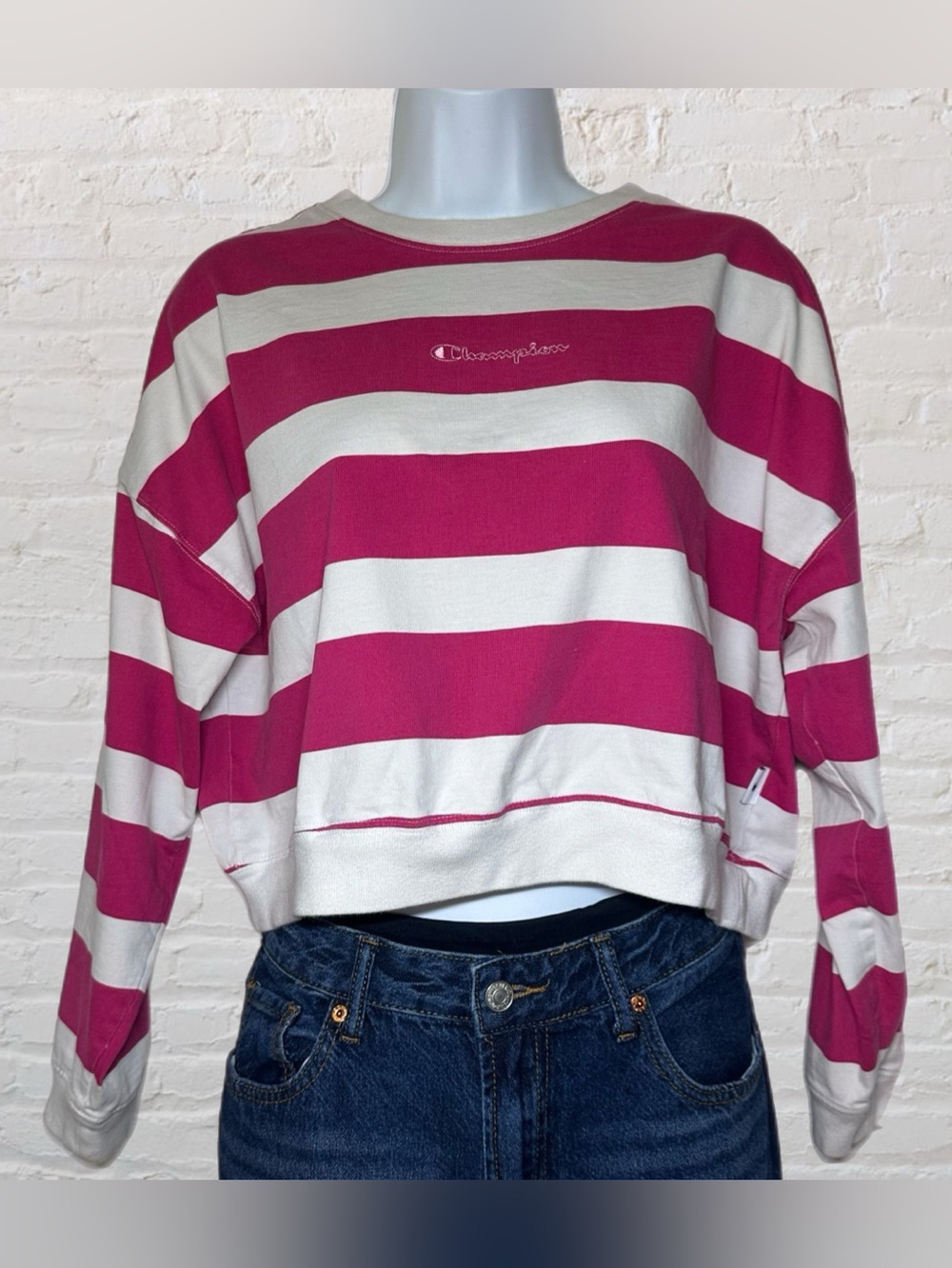 Champion Pink & White Stripped Cropped Long Sleeve Embroidered Logo Top Size Sm